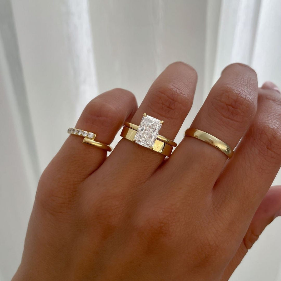 2PCS Golden Tone Hidden Halo Radiant Cut Plain Matching Band Bridal Set shineofdiamond