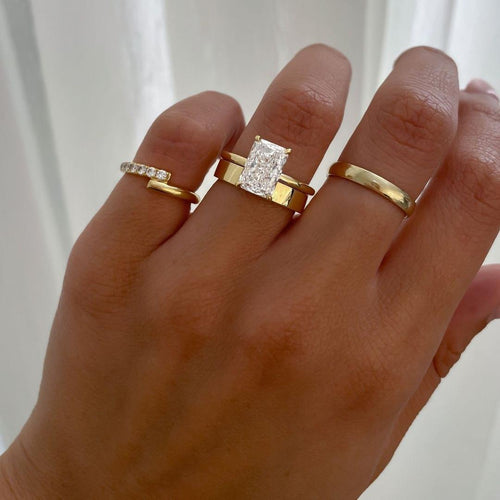 2PCS Golden Tone Hidden Halo Radiant Cut Plain Matching Band Bridal Set shineofdiamond