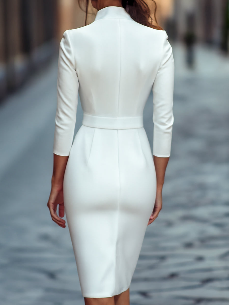 Refined Black Belted Sheath Dress with Mandarin Collar ZJ