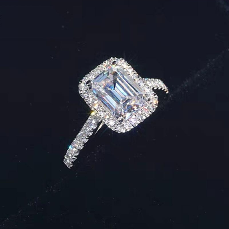 Halo Emerald Cut Sterling Silver Bridal Set with Side Stone Band shineofdiamond