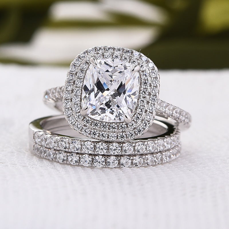 3-Piece Halo Cushion Cut Sterling Silver Bridal Set with Half-Eternity Bands Shineofdiamond