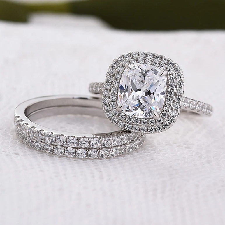 3-Piece Halo Cushion Cut Sterling Silver Bridal Set with Half-Eternity Bands Shineofdiamond