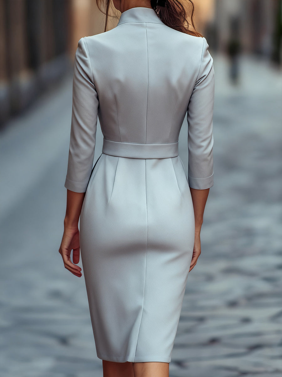Refined Black Belted Sheath Dress with Mandarin Collar ZJ