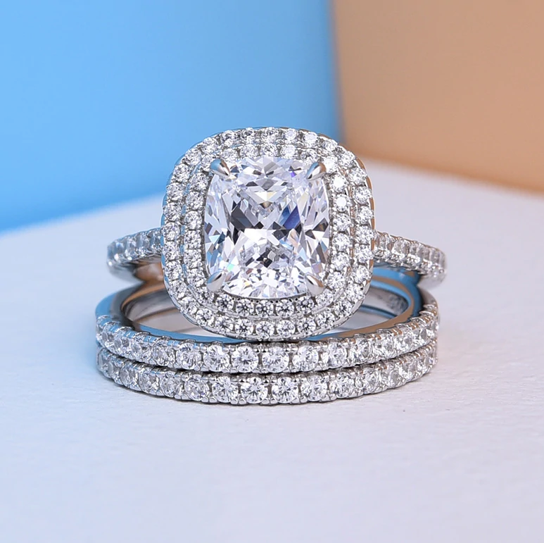 3-Piece Halo Cushion Cut Sterling Silver Bridal Set with Half-Eternity Bands Shineofdiamond