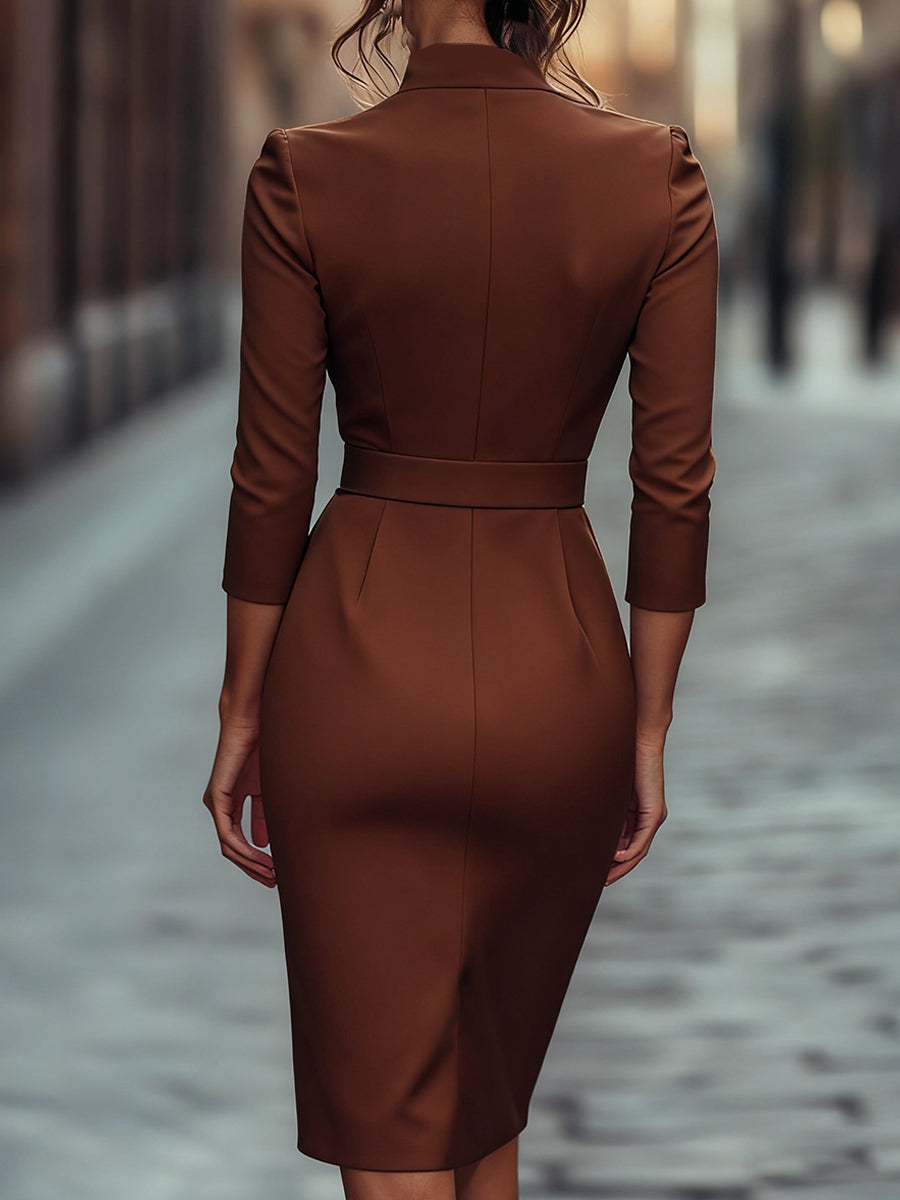 Refined Black Belted Sheath Dress with Mandarin Collar ZJ