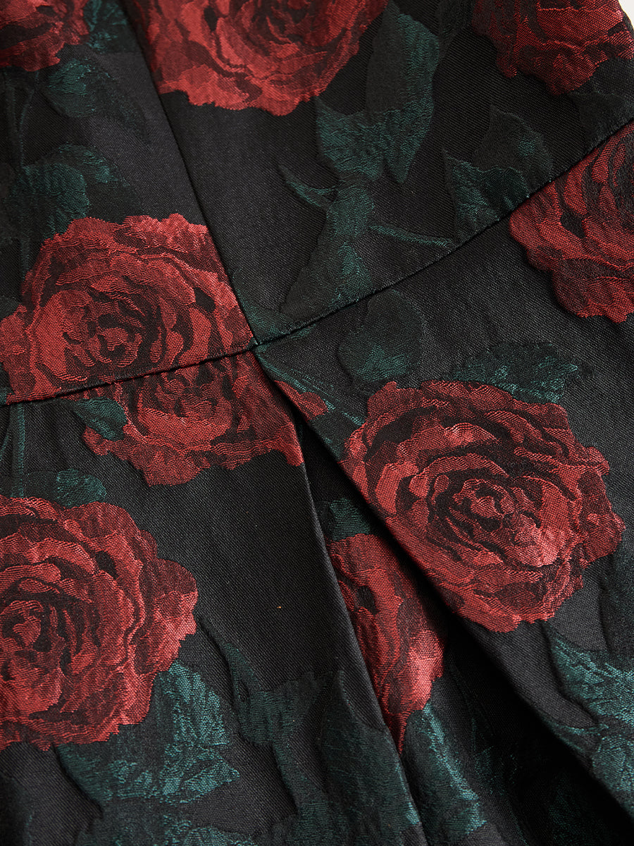 Elegant Jacquard Rose Print Midi Dress HWT
