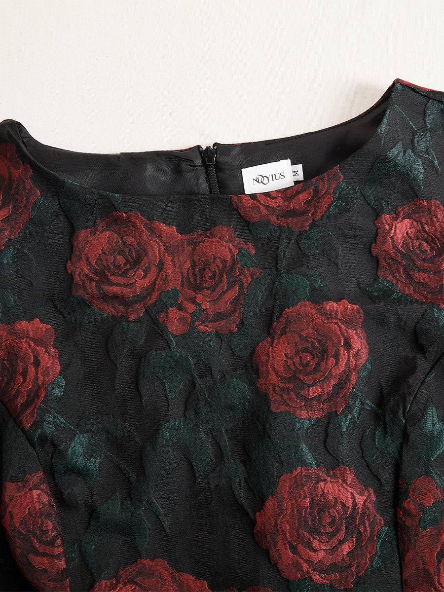 Elegant Jacquard Rose Print Midi Dress HWT