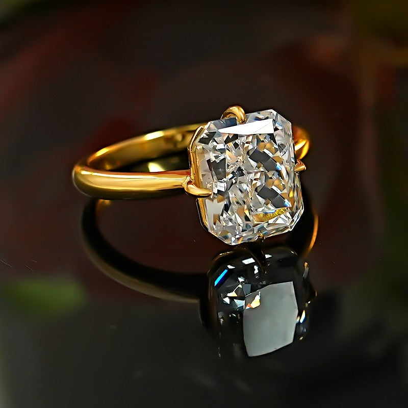 Radiant Cut Sterling Silver Solitaire Engagement Ring in Golden Tone shine of diamond