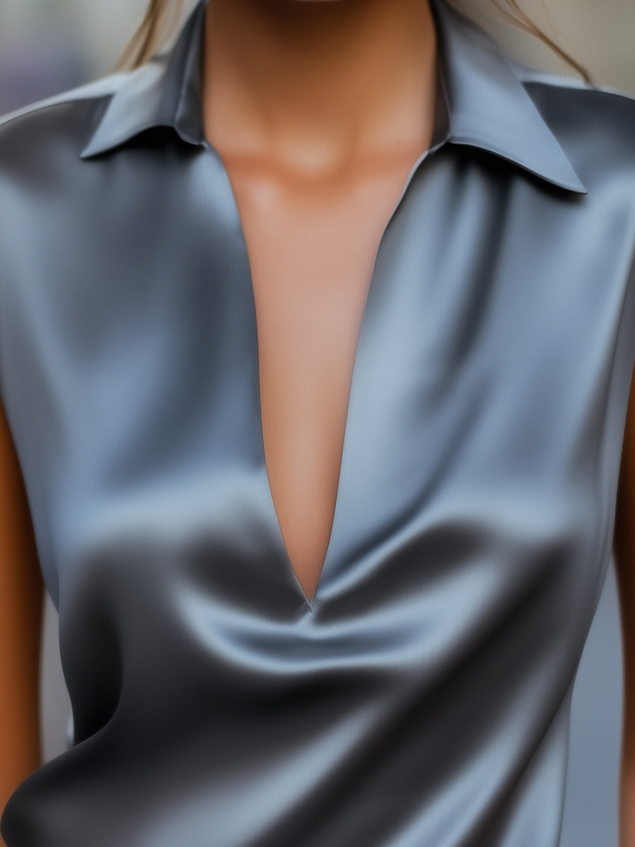 Sleek Gray Satin Plunge Neck Top HWT
