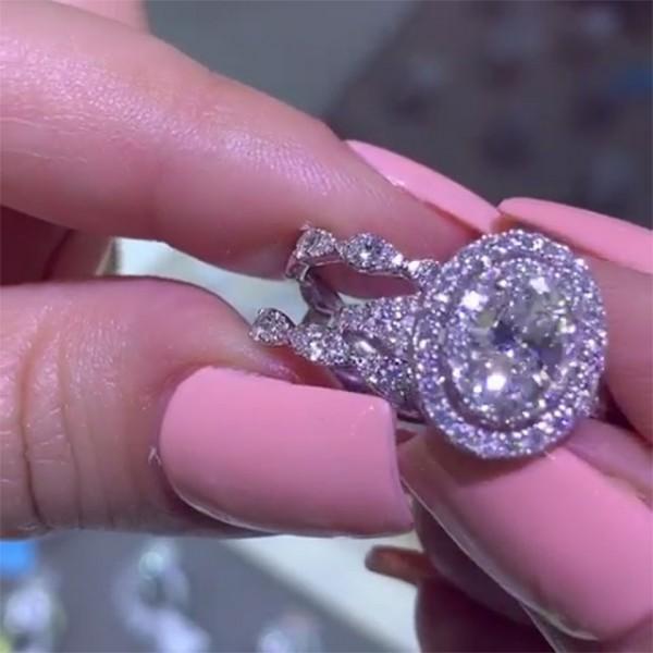 Oval Cut Double Halo Bridal Set with Double Edge Band Enhancer Ring Set Shineofdiamond