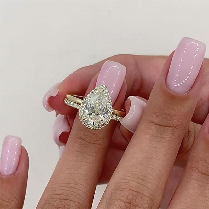 Gorgeous Golden Tone Halo Pear Cut Sterling Silver Bridal Set Shineofdiamond