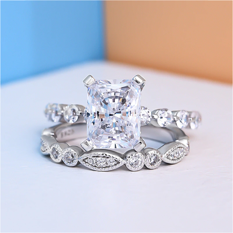 Radiant Cut Sterling Silver Wedding Bridal Set For Her Shineofdiamond