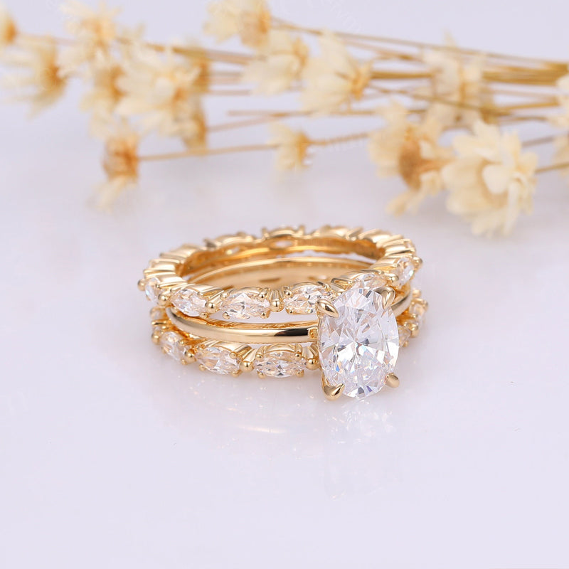 Luxurious Golden Tone Oval Cut Ring With Marquise Cut Band Bridal Set In Sterling Silver Shineofdiamond
