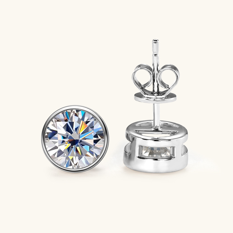 Moissanite  Round Cut Bezel Stud Earrings In Sterling Silver Shineofdiamond