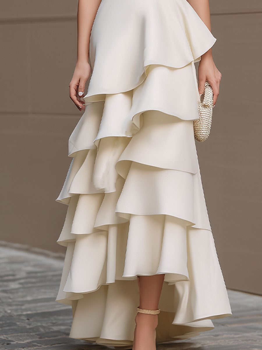 Ivory One-Shoulder Tiered Ruffle Gown SN