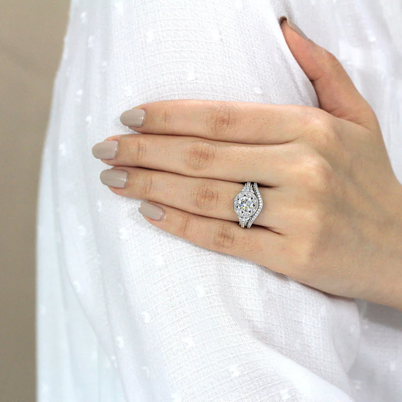 Vintage Curved Art Deco Round Cut Bridal Set In Sterling Silver Shineofdiamond
