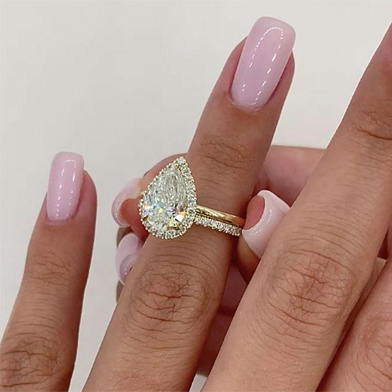 Gorgeous Golden Tone Halo Pear Cut Sterling Silver Bridal Set Shineofdiamond