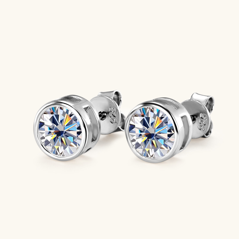 Moissanite  Round Cut Bezel Stud Earrings In Sterling Silver Shineofdiamond
