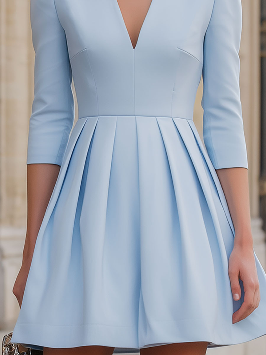 Elegant Powder Blue Pleated Fit-and-Flare Dress SN