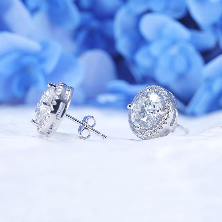 D Color Moissanite Round Cut Halo Design Sterling Silver Stud Earrings Shine of Diamond