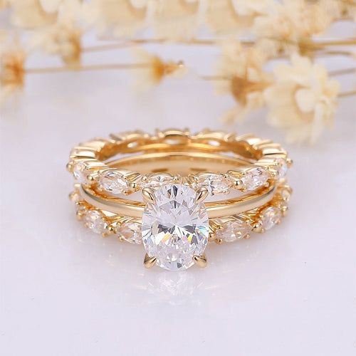 Luxurious Golden Tone Oval Cut Ring With Marquise Cut Band Bridal Set In Sterling Silver Shineofdiamond