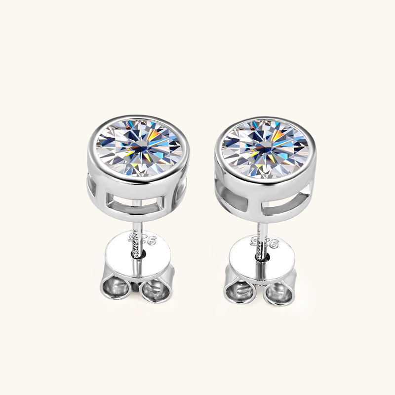 Moissanite  Round Cut Bezel Stud Earrings In Sterling Silver Shineofdiamond