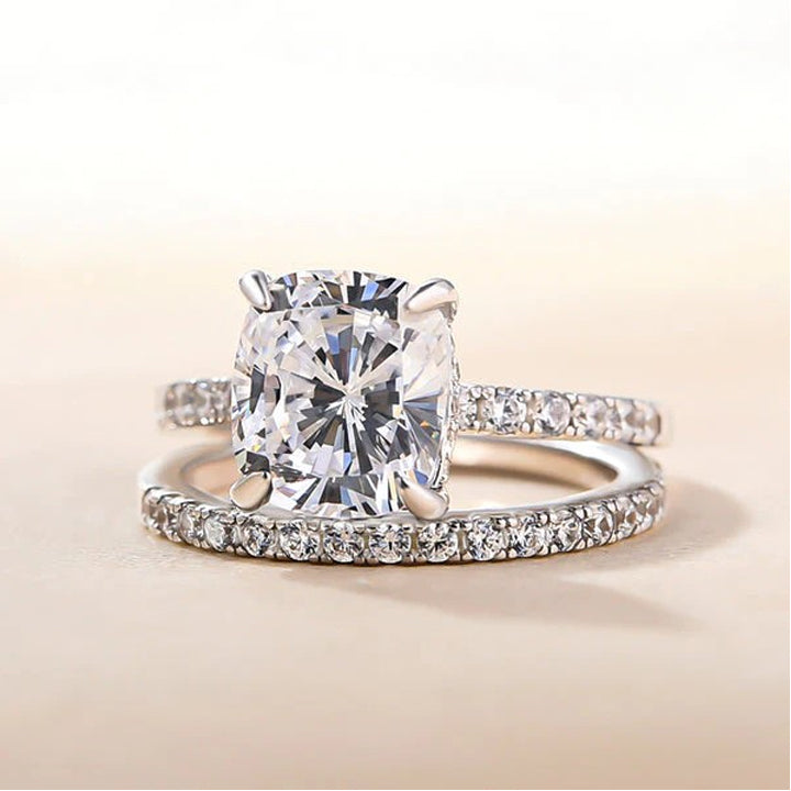 Sale | 2Pcs Solitaire  Cushion Cut Bridal Set Rings In Sterling Silver Shineofdiamond