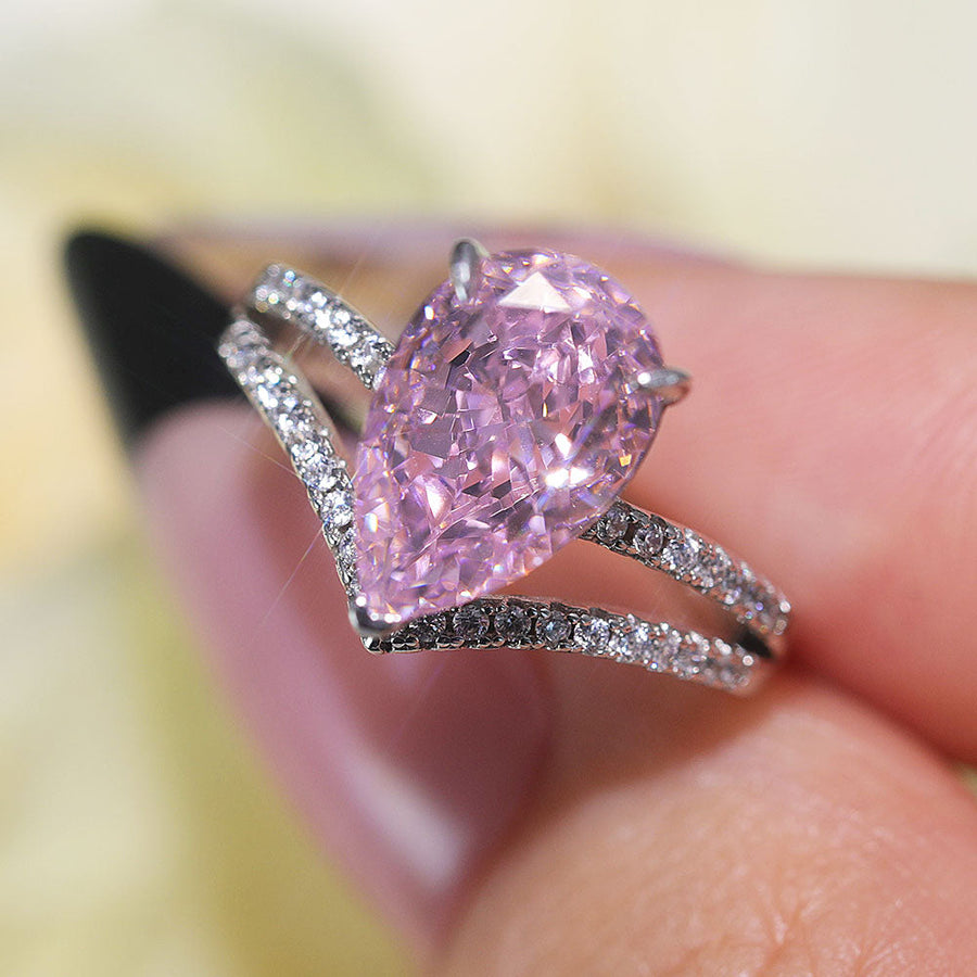 Gorgeous Pink Pear Cut Sterling Silver Engagement Ring Shine of Diamond