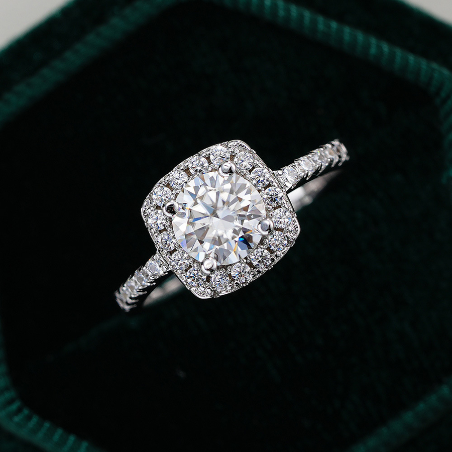Moissanite Halo Round Cut Sterling Silver Engagement Ring Shineofidamond