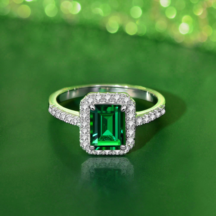 Emerald Green Halo Sterling Silver Engagement Ring Shineofidamond