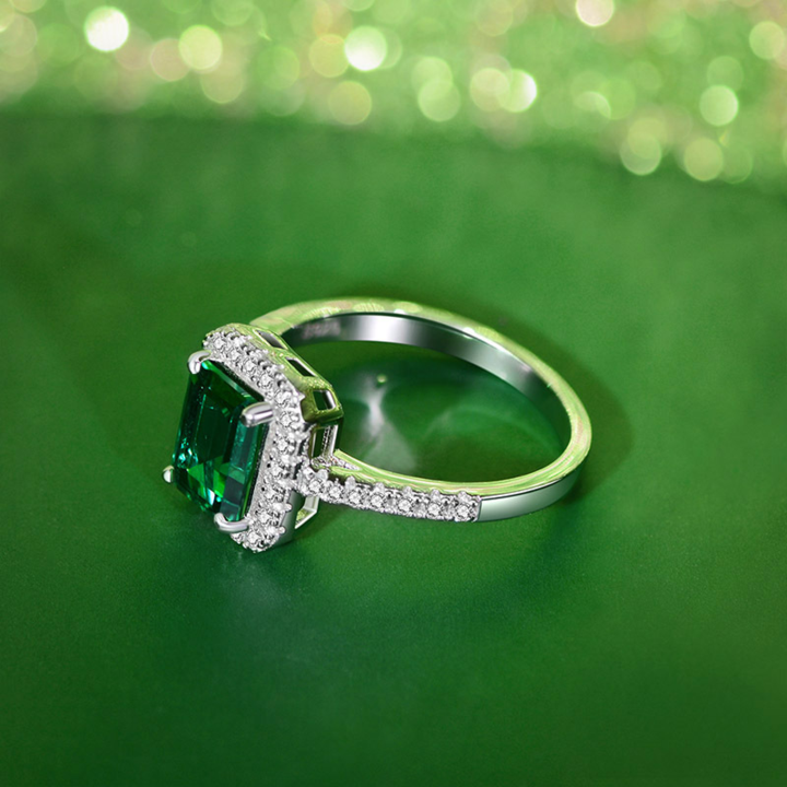 Emerald Green Halo Sterling Silver Engagement Ring Shineofidamond