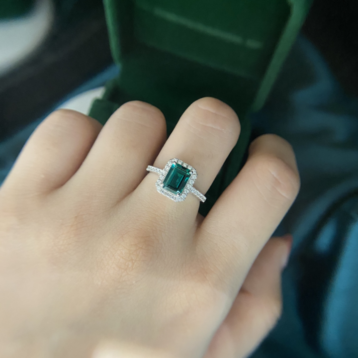 Emerald Green Halo Sterling Silver Engagement Ring Shineofidamond