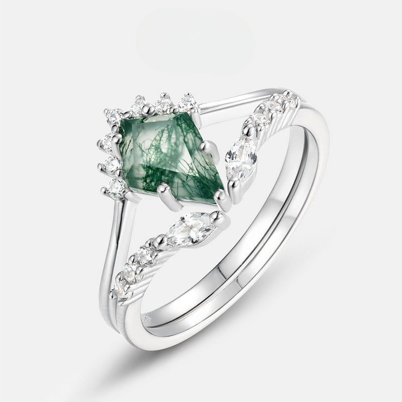 Retro Natural Green Moss Agate Ring Set For Women Carly Jewelry