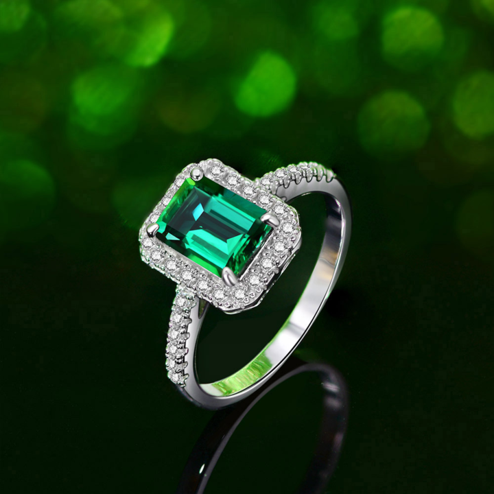 Emerald Green Halo Sterling Silver Engagement Ring Shineofidamond