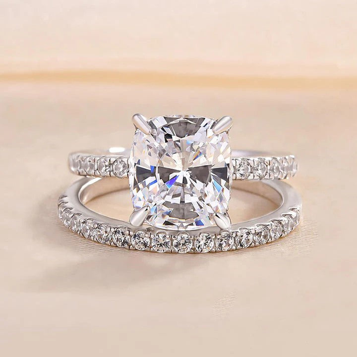 Sale | 2Pcs Solitaire  Cushion Cut Bridal Set Rings In Sterling Silver Shineofdiamond