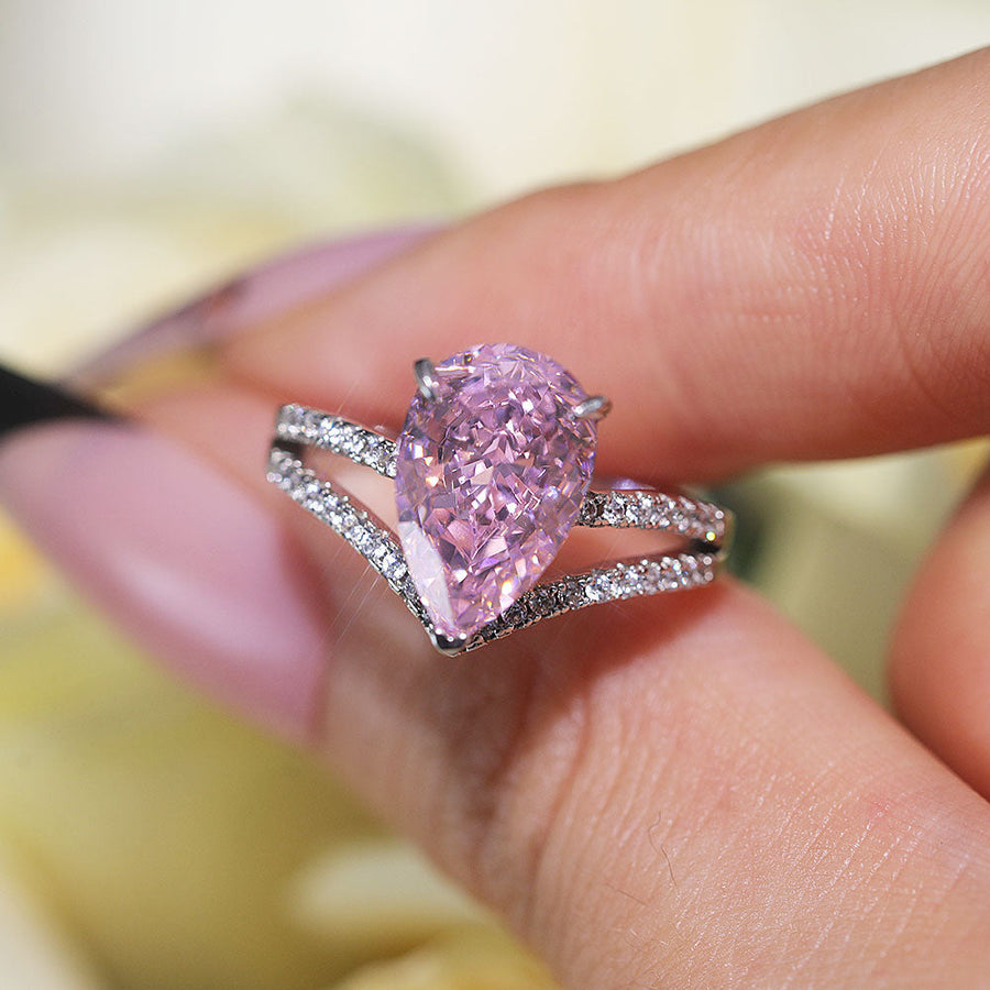 Gorgeous Pink Pear Cut Sterling Silver Engagement Ring Shine of Diamond