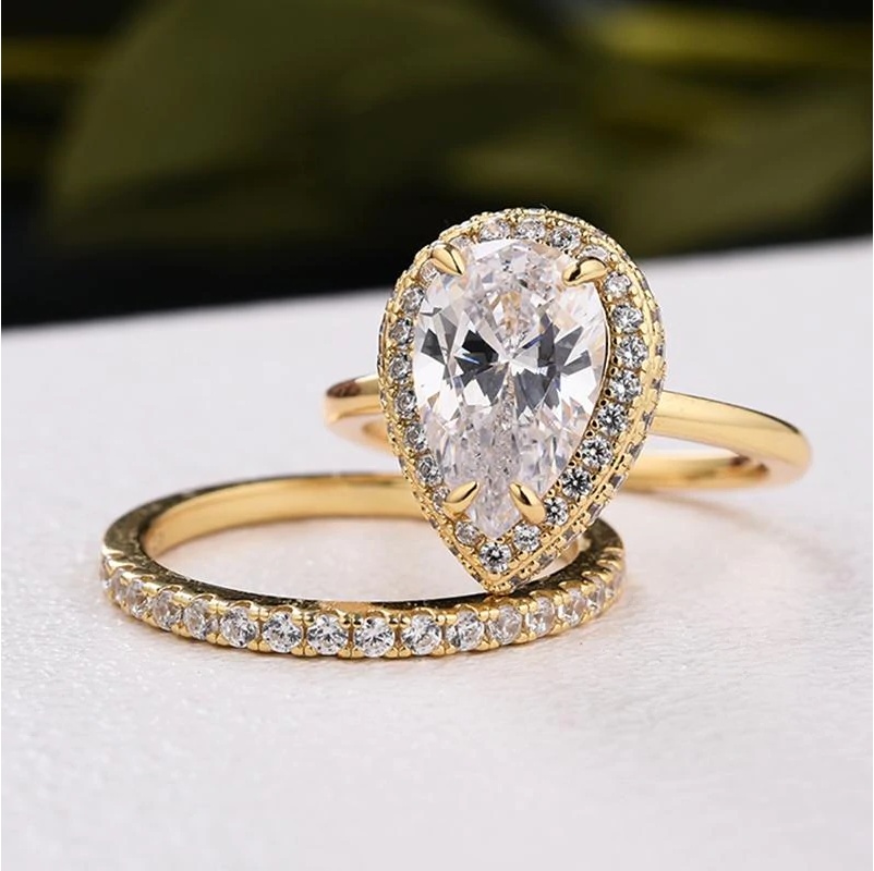 Gorgeous Golden Tone Halo Pear Cut Sterling Silver Bridal Set Shineofdiamond