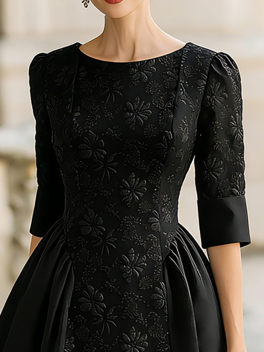 Elegant Jacquard Short-Sleeve A-Line Midi Dress HWT