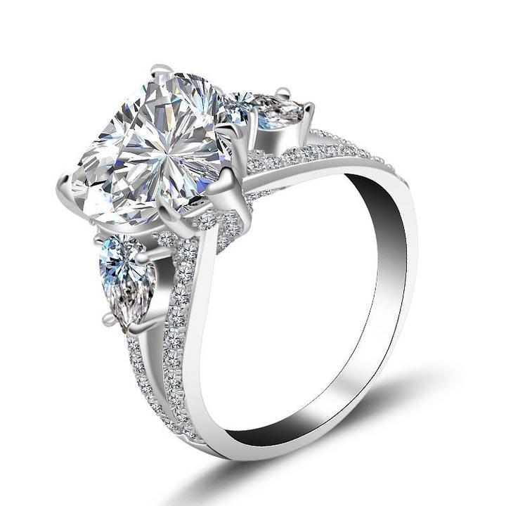 3 Stone Heart Cut Engagement Ring in Sterling Silver hot