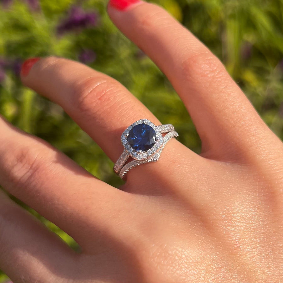 Royal Blue Cushion Cut Halo Bridal Set With V-Shape Band Shine of Diamond