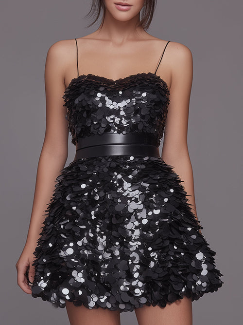 Layered Petal-Sequin Spaghetti-Strap Mini Dress ZJ