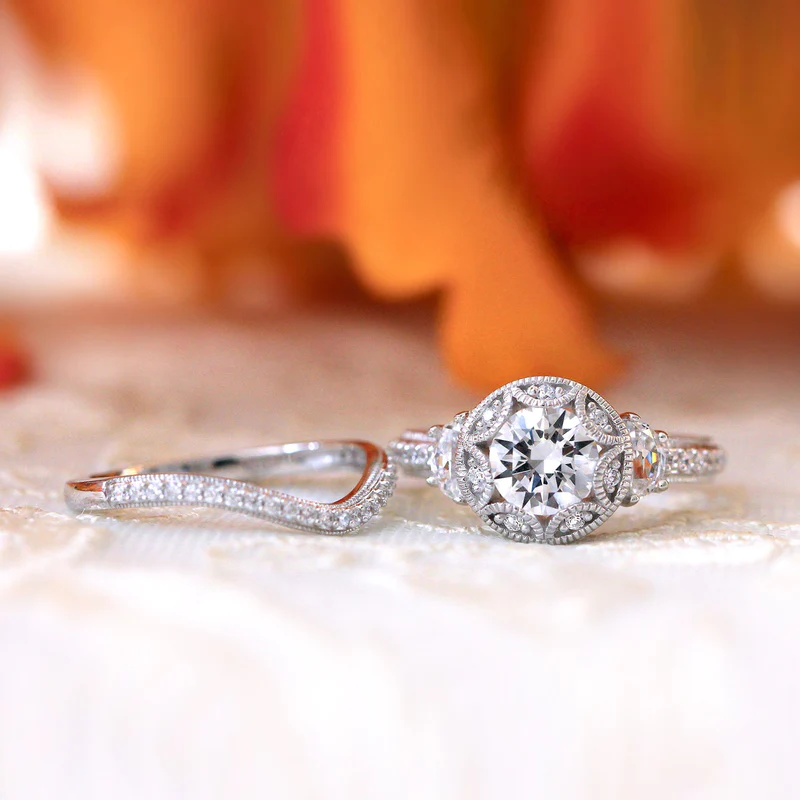 Vintage Curved Art Deco Round Cut Bridal Set In Sterling Silver Shineofdiamond