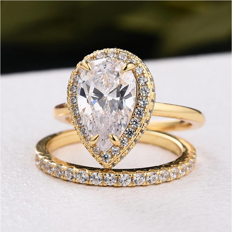 Gorgeous Golden Tone Halo Pear Cut Sterling Silver Bridal Set Shineofdiamond