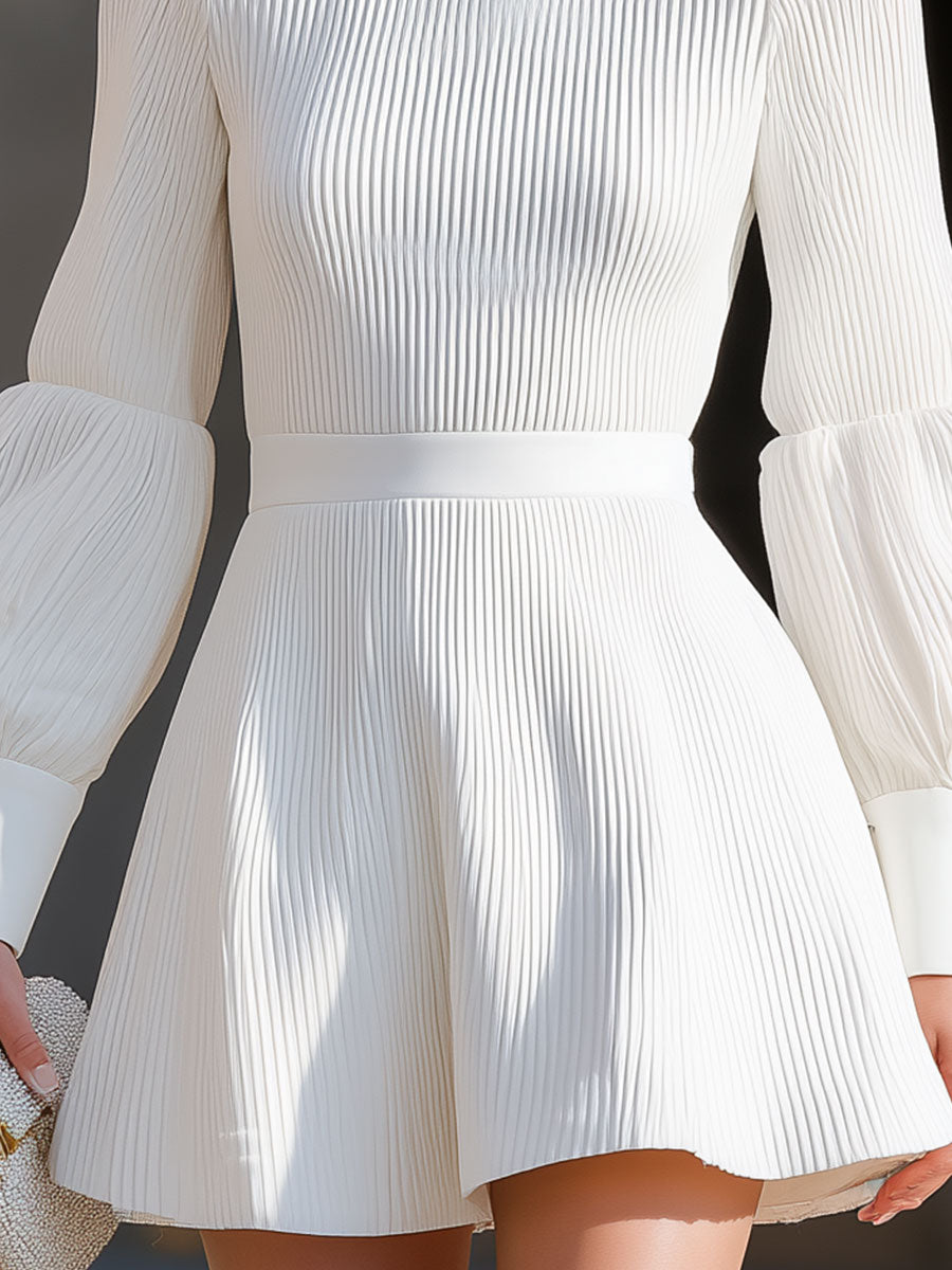Elegant Ivory Ribbed Puff-Sleeve Mini Dress SN