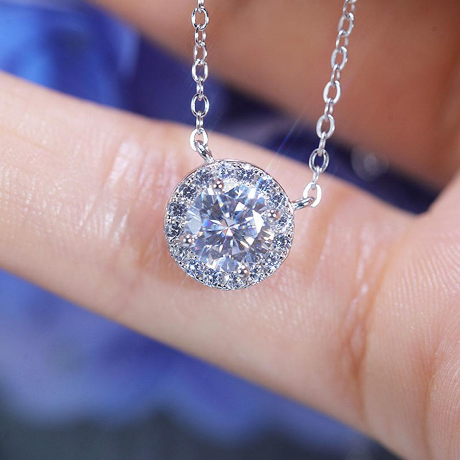 Classic 1.0 CT Round Cut Halo Design Moissanite Necklace Shine of Diamond