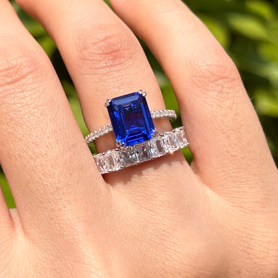 2 Pcs Blue Emerald Cut Bridal Set In Sterling Silver Carly Jewelry