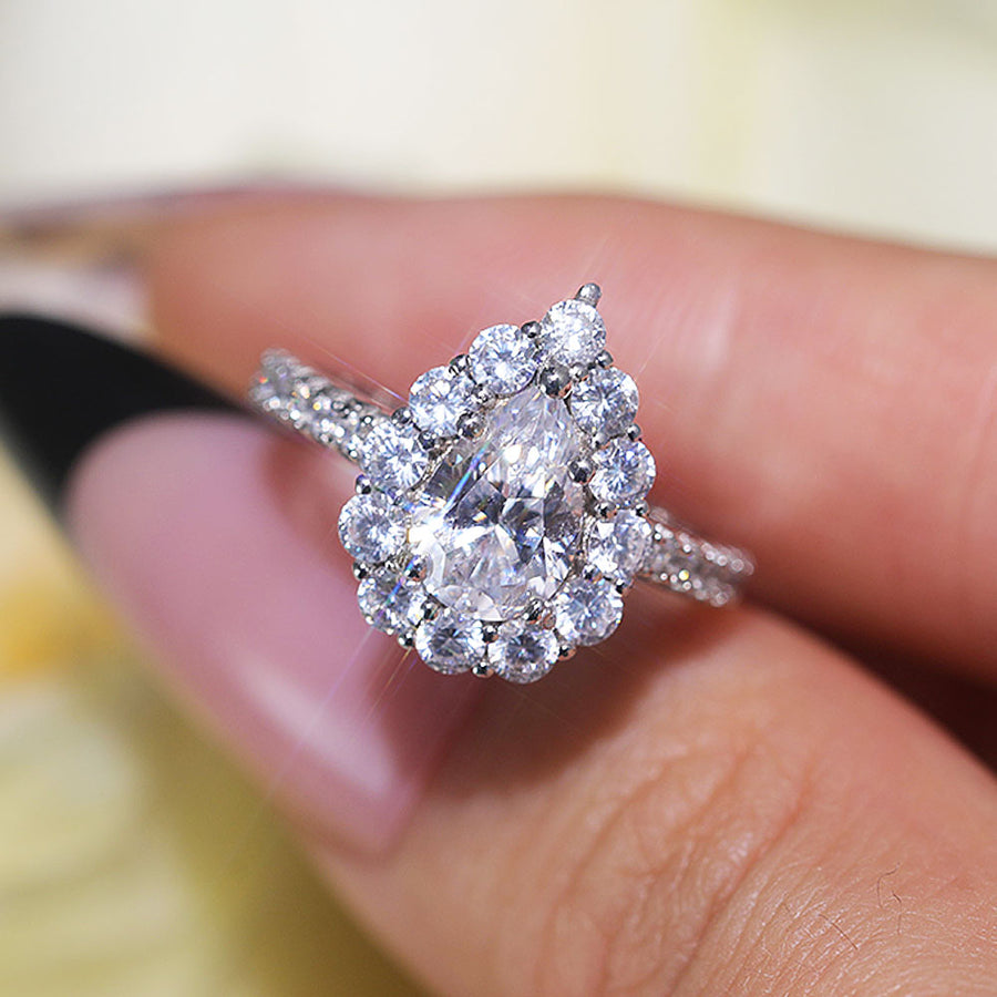 Stunning Pear Cut Halo Design Sterling Silver Engagement Ring Shine of Diamond