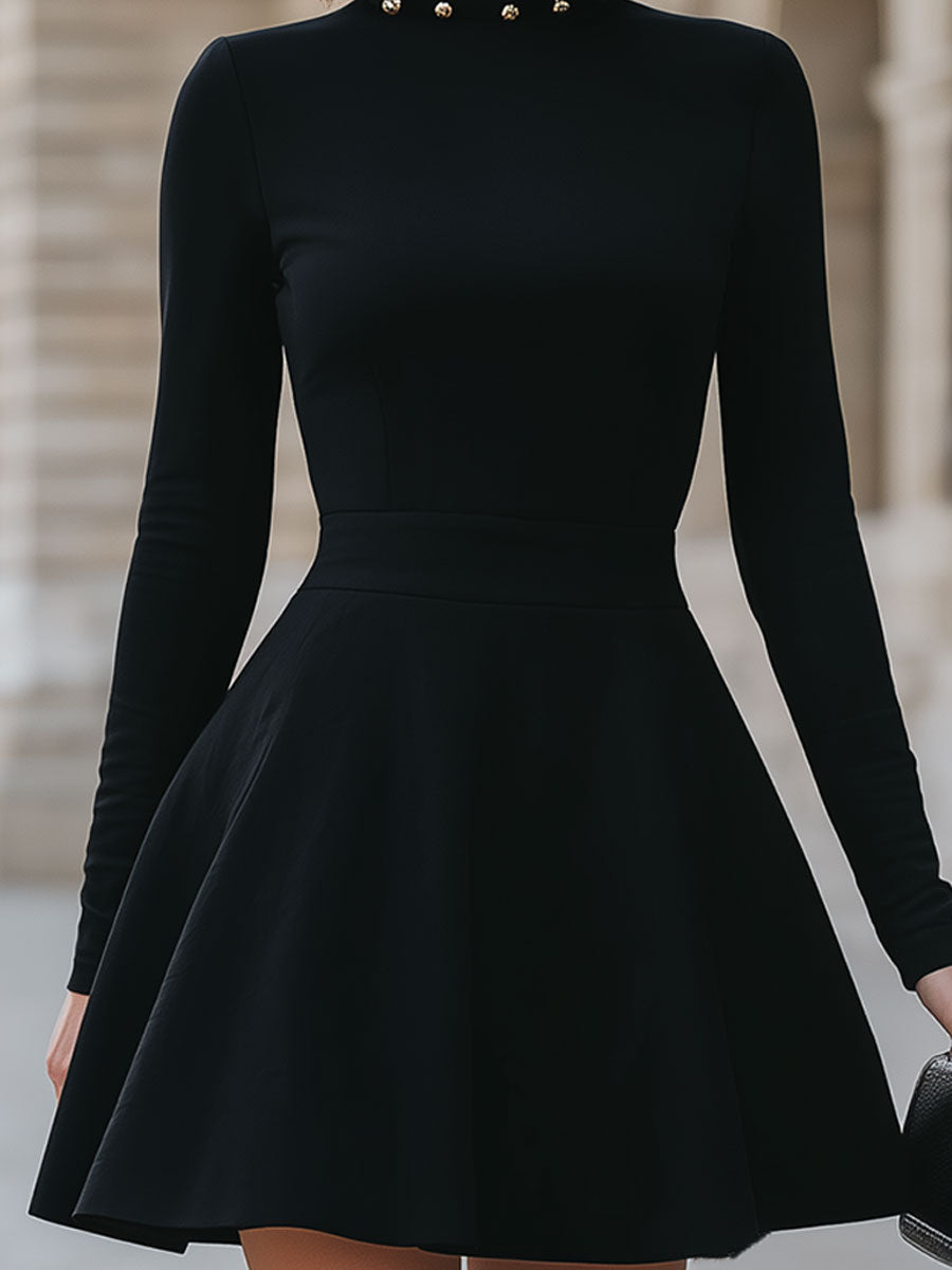 Elegant Black Studded Neckline Dress SN
