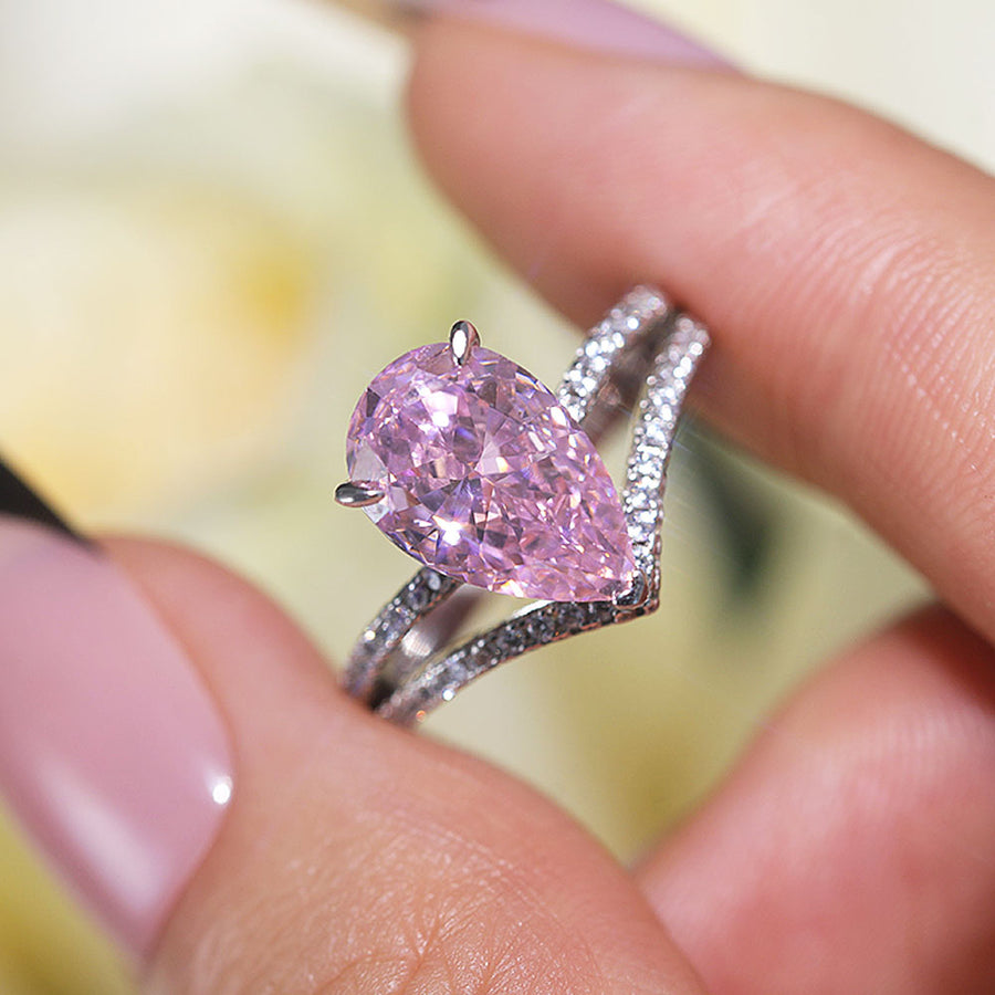 Gorgeous Pink Pear Cut Sterling Silver Engagement Ring Shine of Diamond