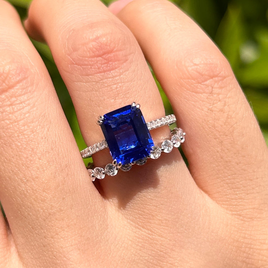 Vintage Blue Emerald Cut Sterling Silver Bridal Set Carly Jewelry